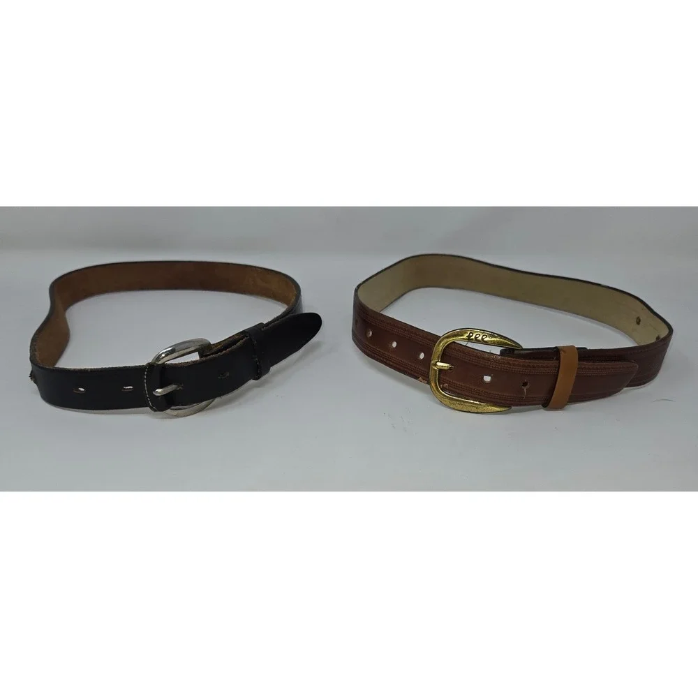 Vintage Lee Jeans Leather Boy's Belt Pair Black Brown 28 Inch Slide Buckle